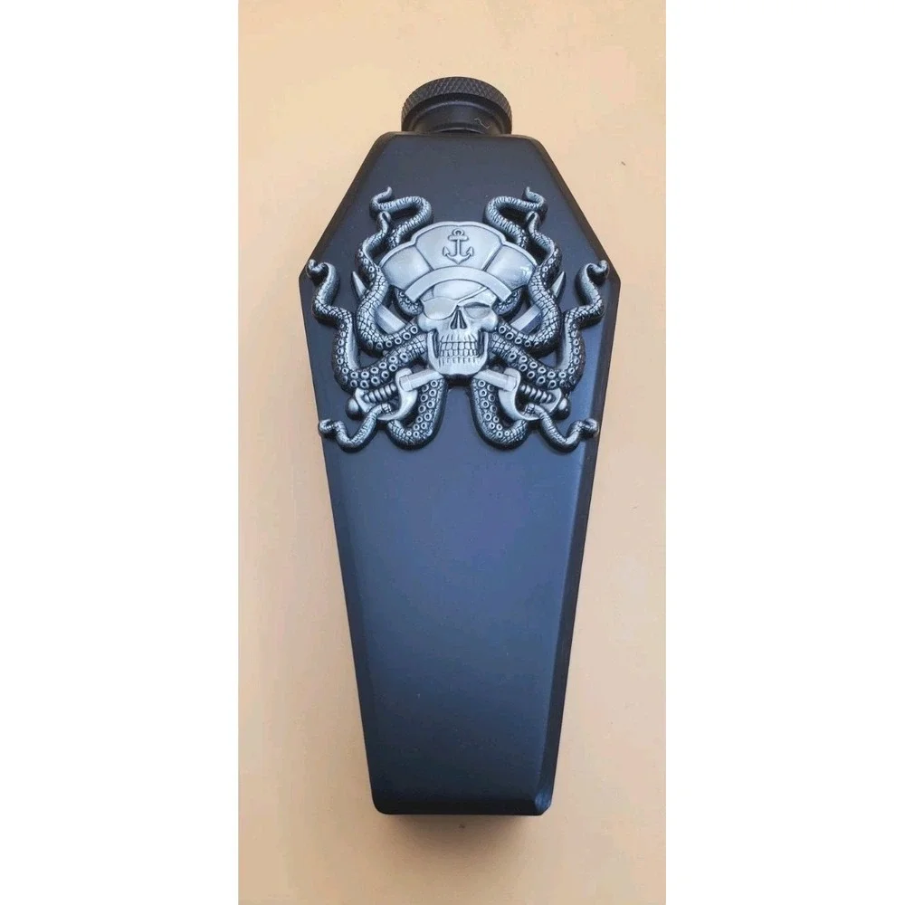 Gothic Hip Pocket Flask Metal Black With Pirate Medallions Coffin Flask